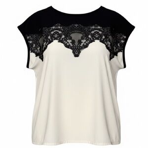 LC Lauren Conrad Ivory Top with Black Lace Trim - Medium